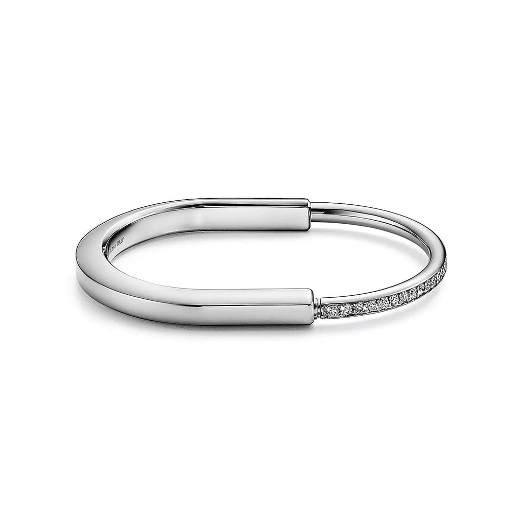 18K Tiffany Lock Bangle Half Pave Diamonds Bracelet